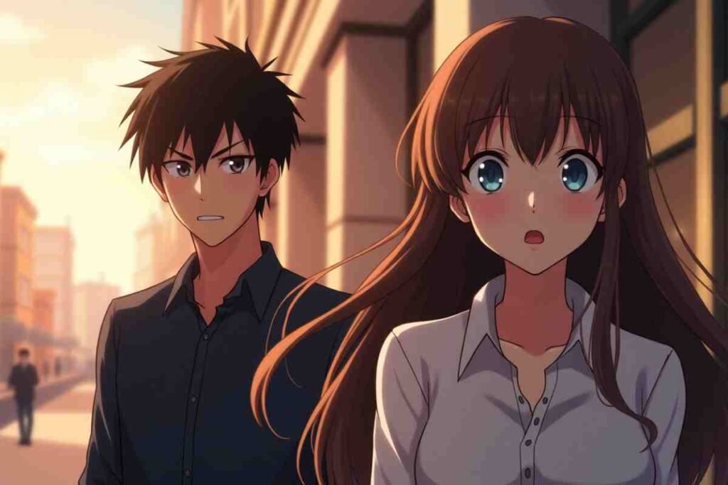 Surprised anime girl with flowing hair beside a serious-looking young man.