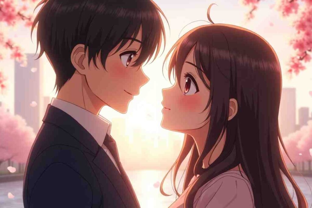 Romantic WebtoonXYZ couple gazing into each other's eyes at sunset.