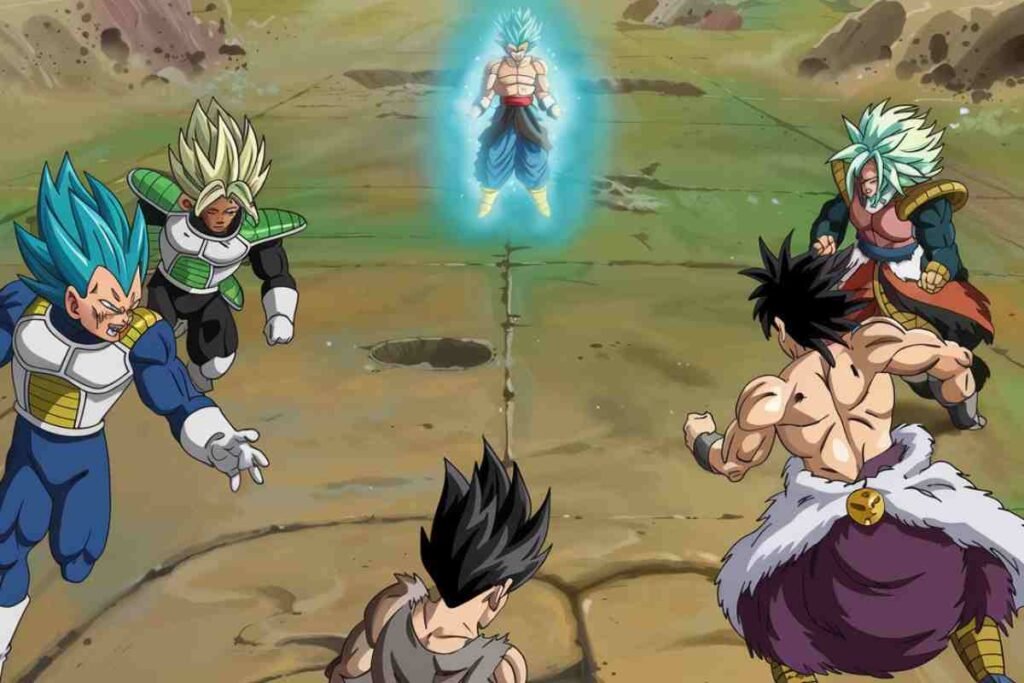 Powerful anime warriors face off in an intense battlefield showdown.