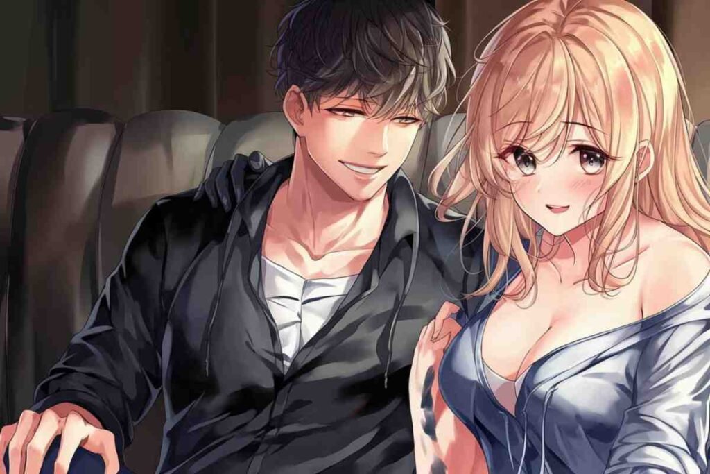 Romantic anime couple sitting together on a couch, smiling warmly