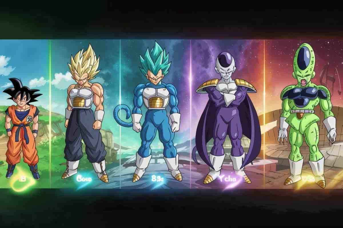 Dragon ball z power levels five iconic anime warriors standing in a powerful battle formation.