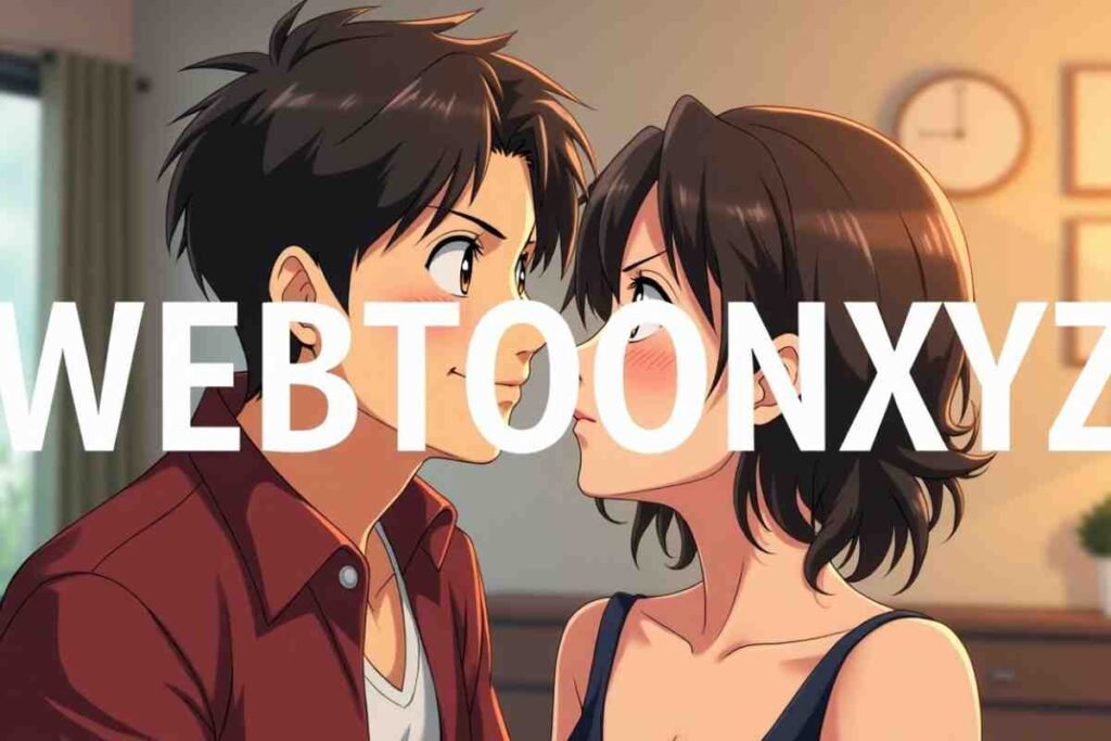 Romantic anime couple sharing an intense moment, WEBTOONXYZ text