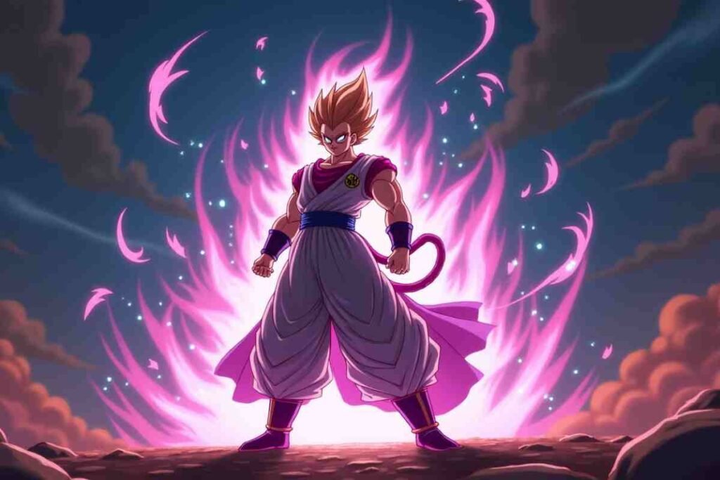 Powerful anime warrior with a glowing pink aura in a dramatic stance.