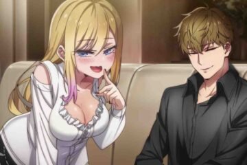 An outsiders way in webtoonxyz showing an anime couple staring emotionally at each other during sunset with a crowd in the background.
