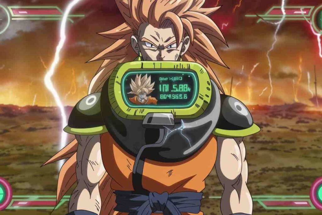Powerful anime warrior with a futuristic battle scanner on his chest.