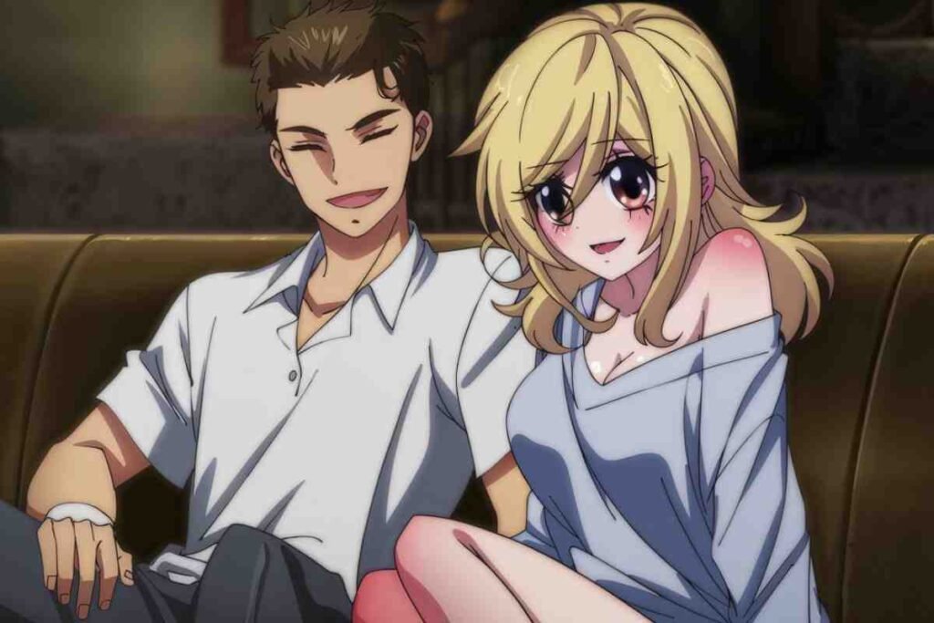 An anime couple sitting on a couch, smiling and enjoying their time together.