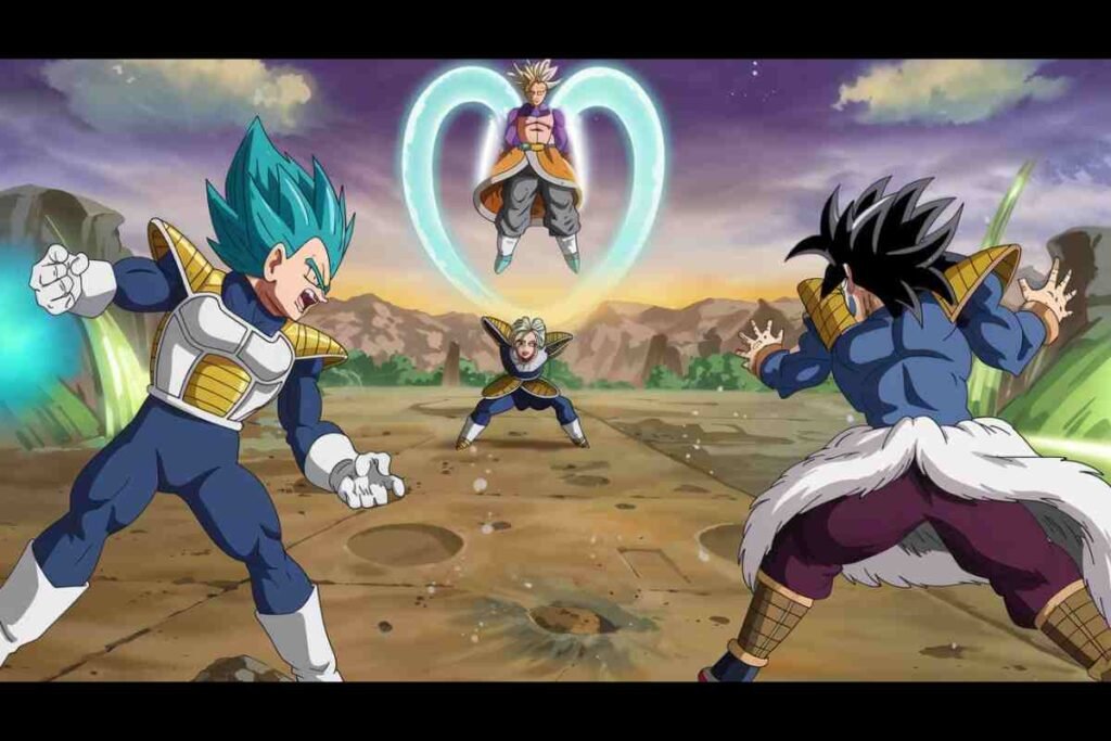 Anime warriors engaged in an intense battle with glowing energy auras.