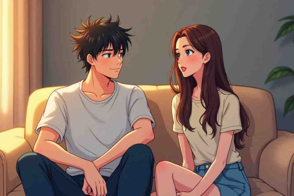 A young anime couple sitting on a couch, talking and smiling warmly.