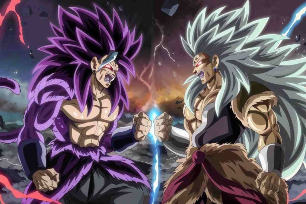 Two Dragon Ball warriors with purple and silver hair clashing fists with energy.