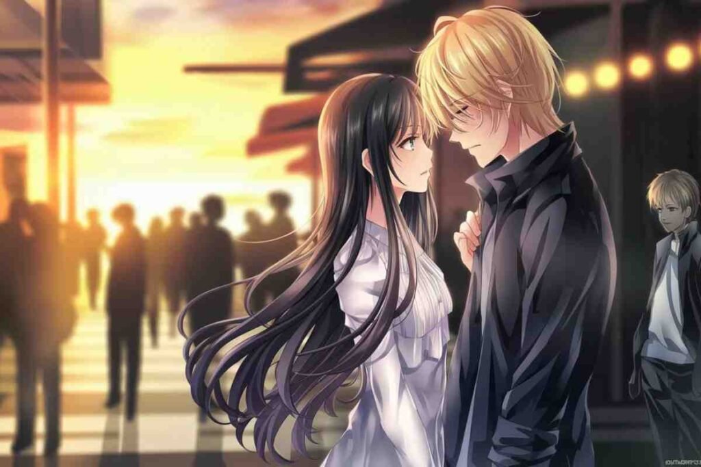 A romantic anime-style scene of a young couple gazing into each other's eyes at sunset.