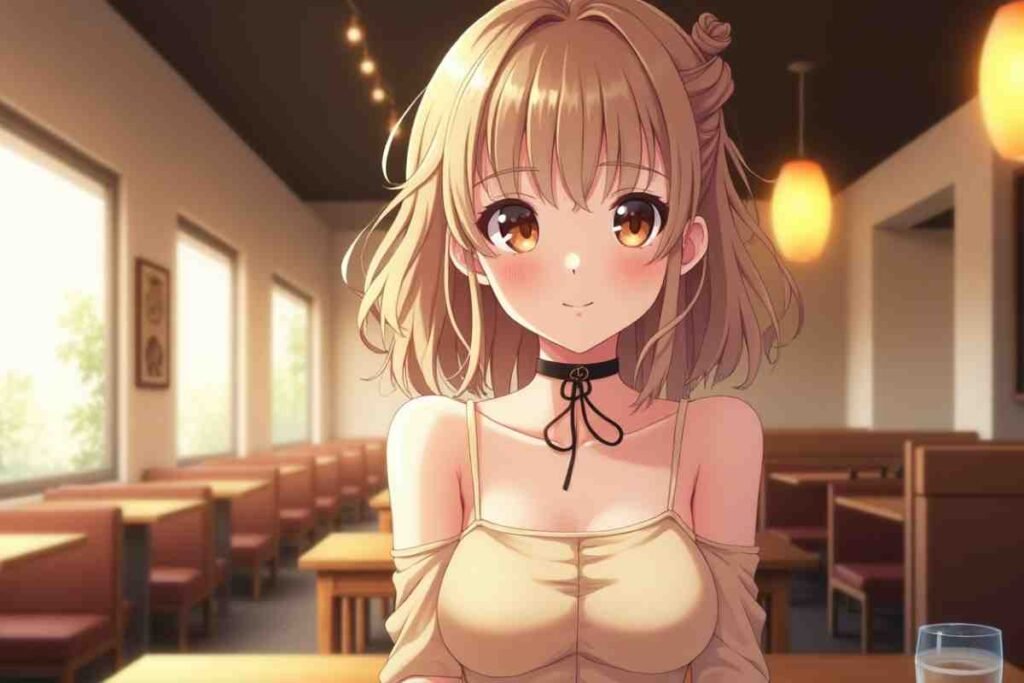 Circles webtoonxyz Blonde anime girl with warm brown eyes in a cozy restaurant.