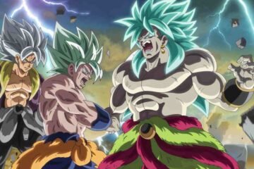Dragon ball super chapter 103 characters in intense battle with glowing hair transformations.