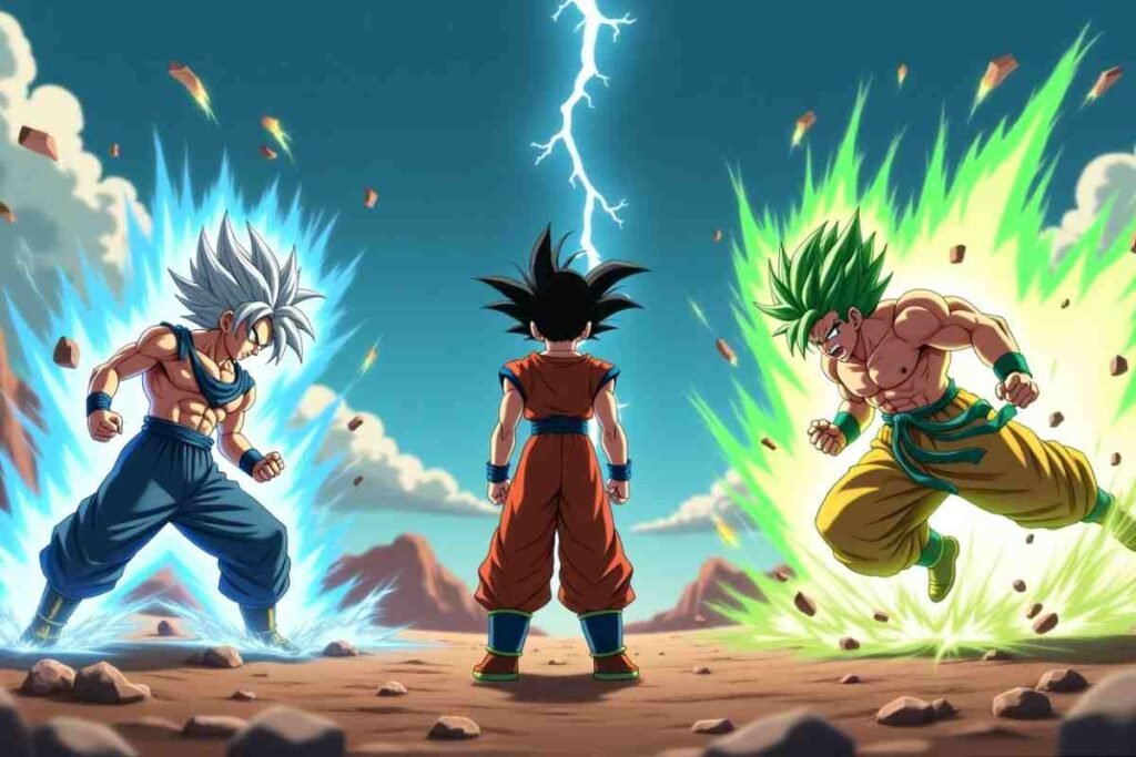 Goku facing two powerful Dragon Ball warriors with colorful energy auras in battle.