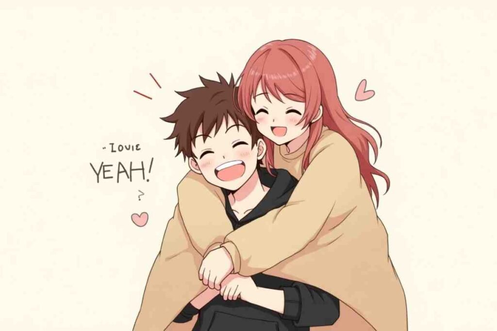 Happy anime couple girl hugging boy from behind with big smiles.