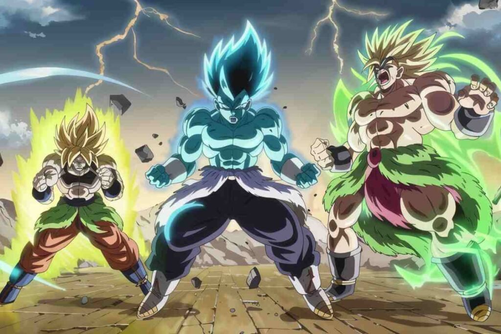 Three anime characters from Dragon Ball with glowing auras in battle stance on a stormy battlefield.