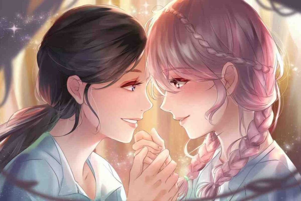 Two anime girls holding hands gazing at each other with love.