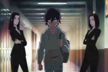 Anime style girl in a black top and jeans standing in a school hallway.