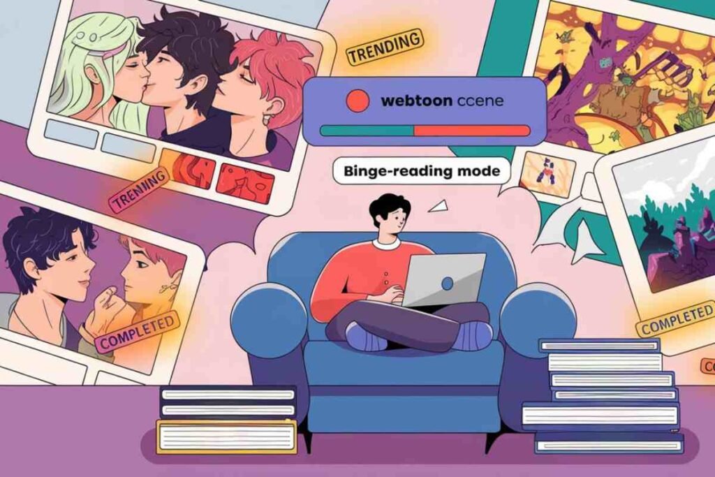 A person binge-reading webtoons on a laptop, surrounded by trending and completed comic panels.