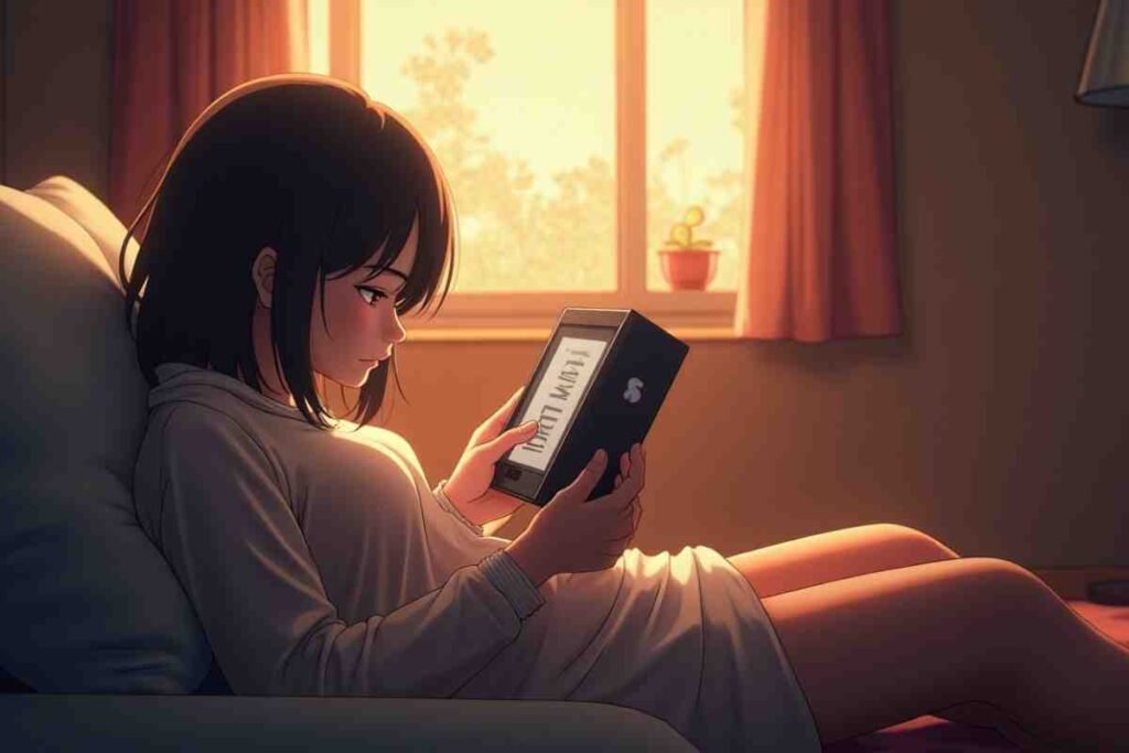 Girl reading a WebtoonXYZ manga on an e-reader in a cozy setting.