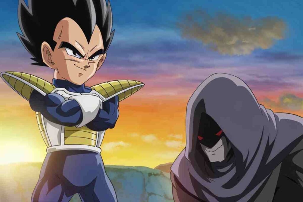 Anime warrior in armor with a mysterious hooded figure at sunset.