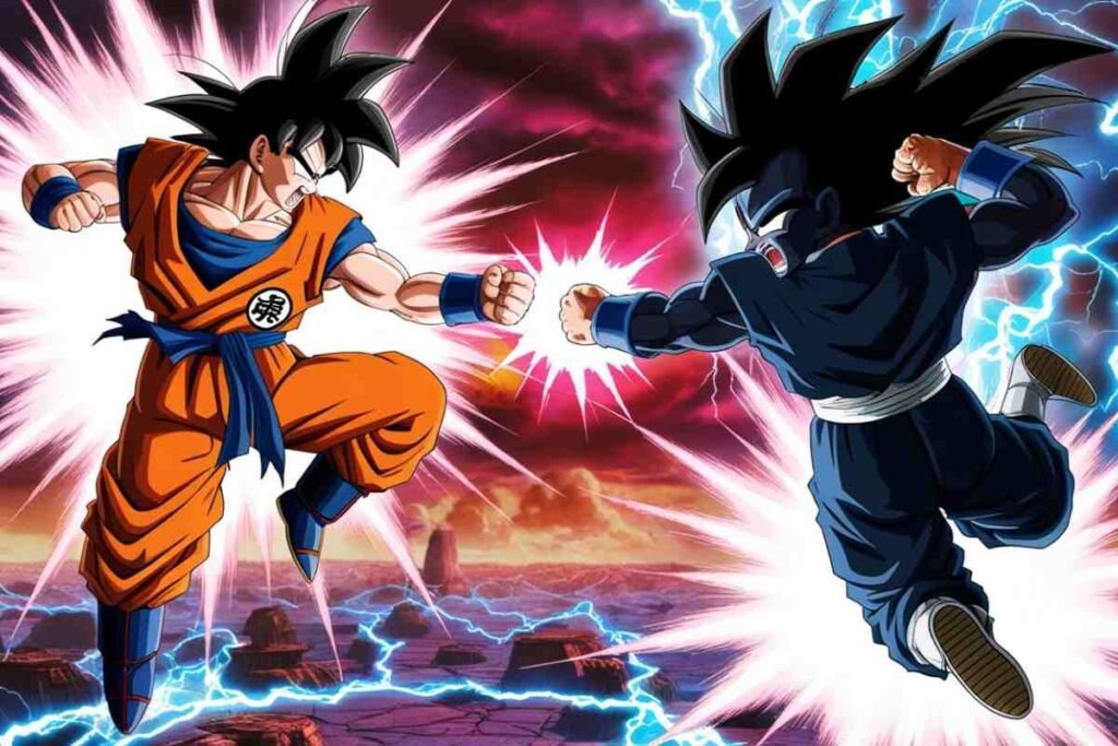 Epic anime battle scene with two powerful fighters clashing mid-air.