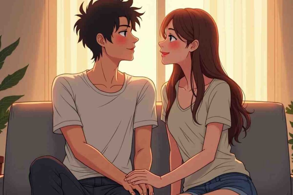 Anime couple sitting on a couch holding hands and gazing lovingly.