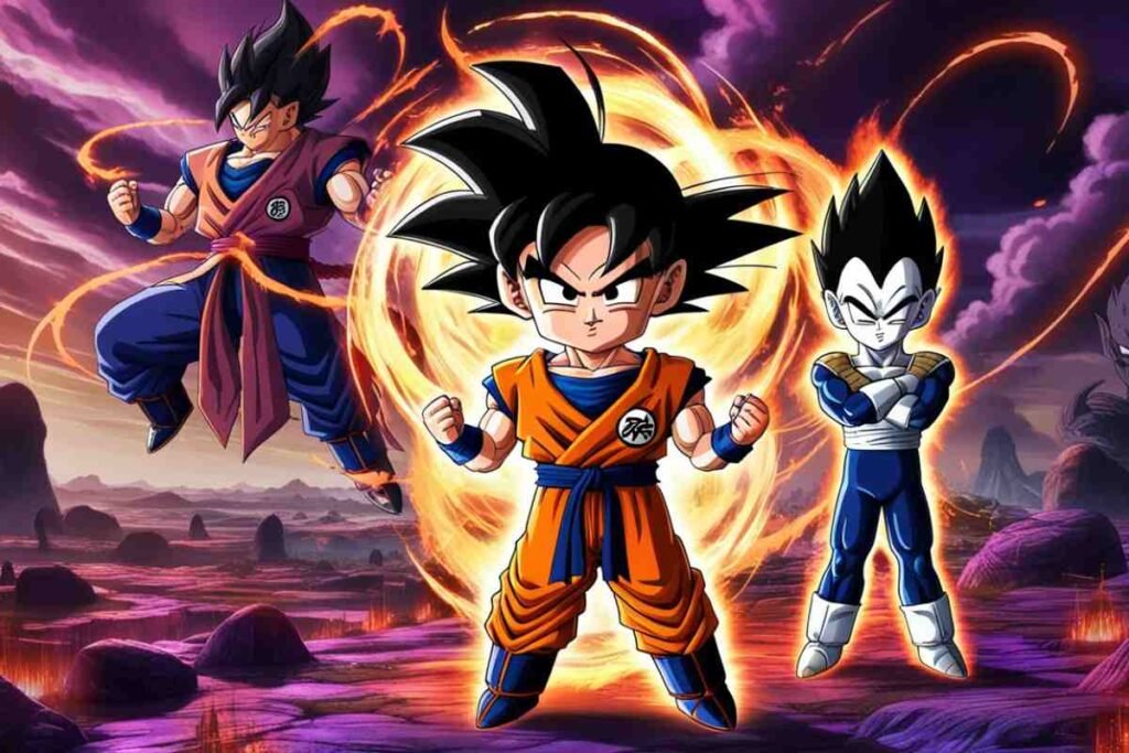 Anime warriors in a fiery battle stance with powerful glowing auras.