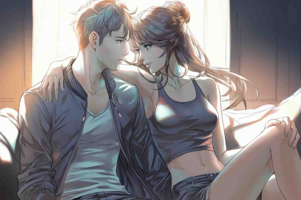 Romantic anime-style couple sitting closely with a warm sunset glow.