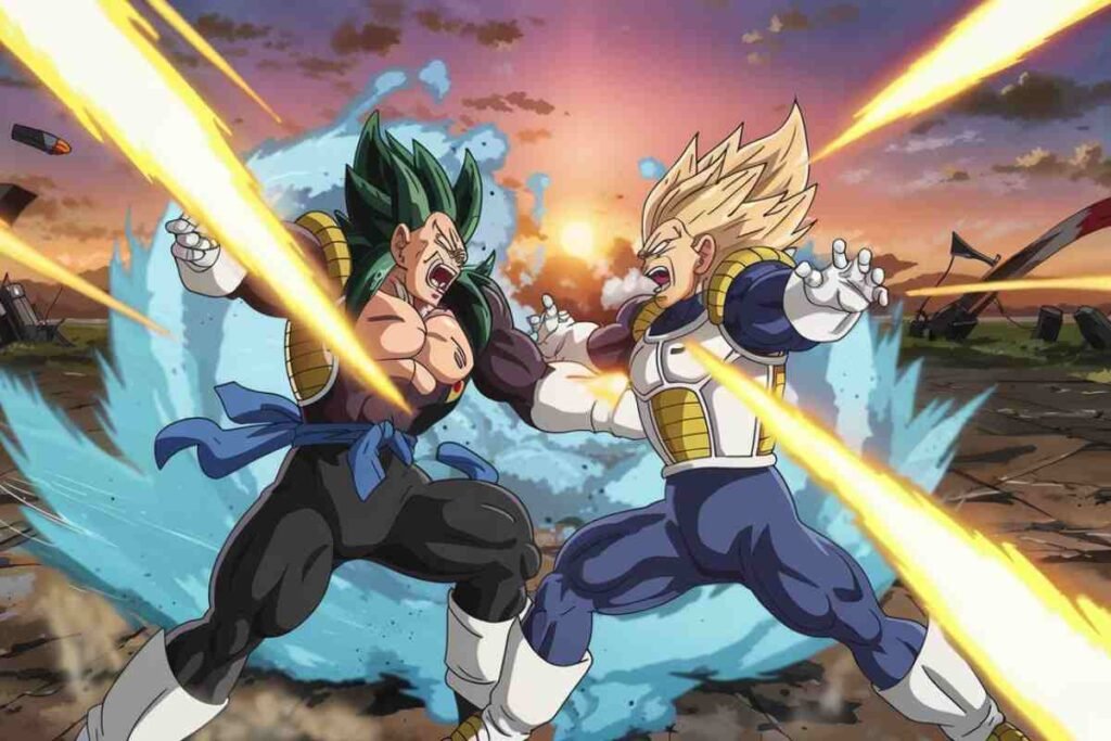 Two powerful warriors clash in an explosive anime battle scene.