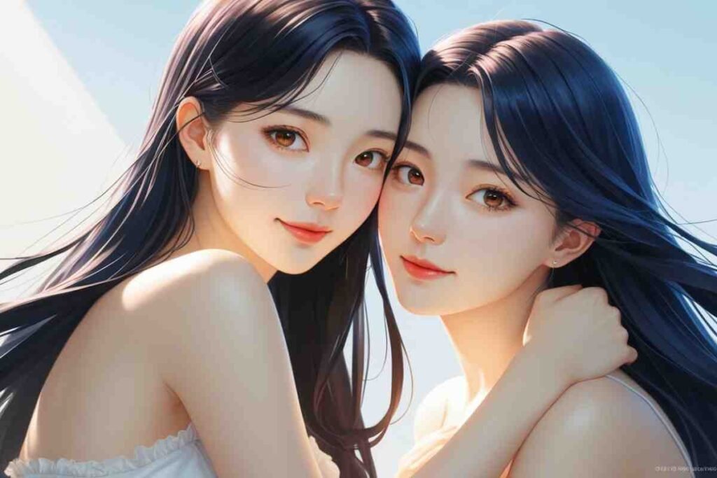 Two beautiful anime-style girls with long dark hair smiling gently.