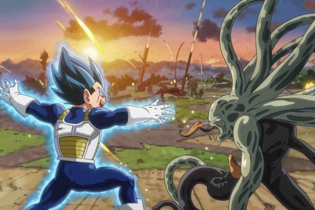 Anime warrior faces monstrous enemy in an intense battle at sunset.