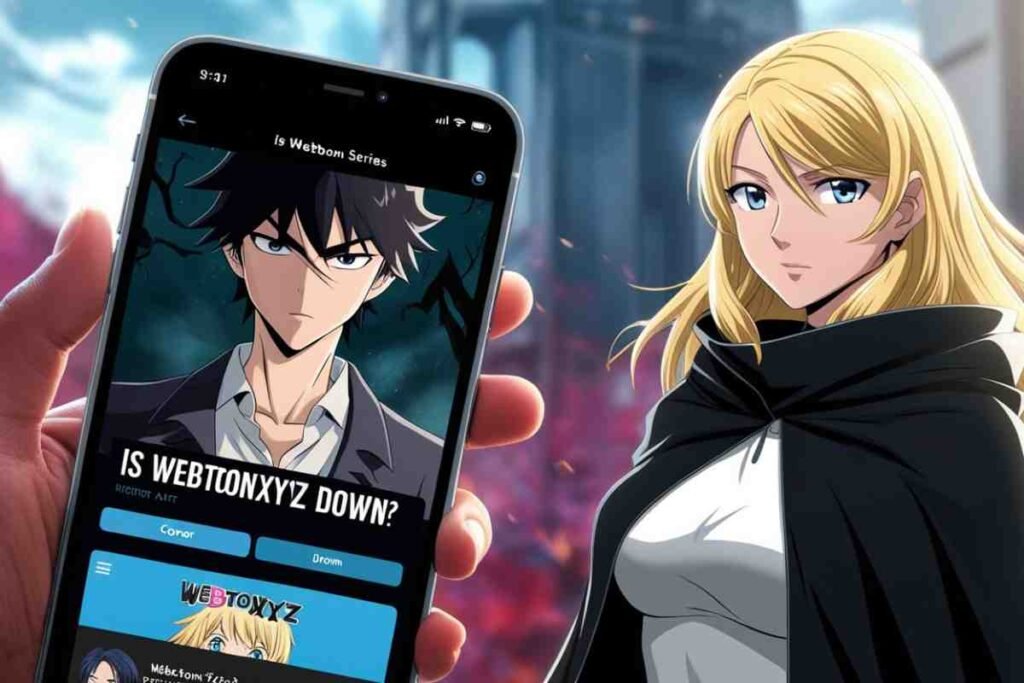 Hand holding a phone showing "WebtoonXYZ Down" with anime characters.
