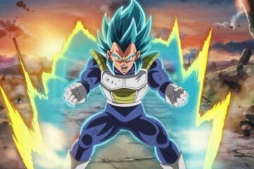 Dragon ball daima episode 12 powerful anime warrior glowing with energy in a battle-scarred landscape.