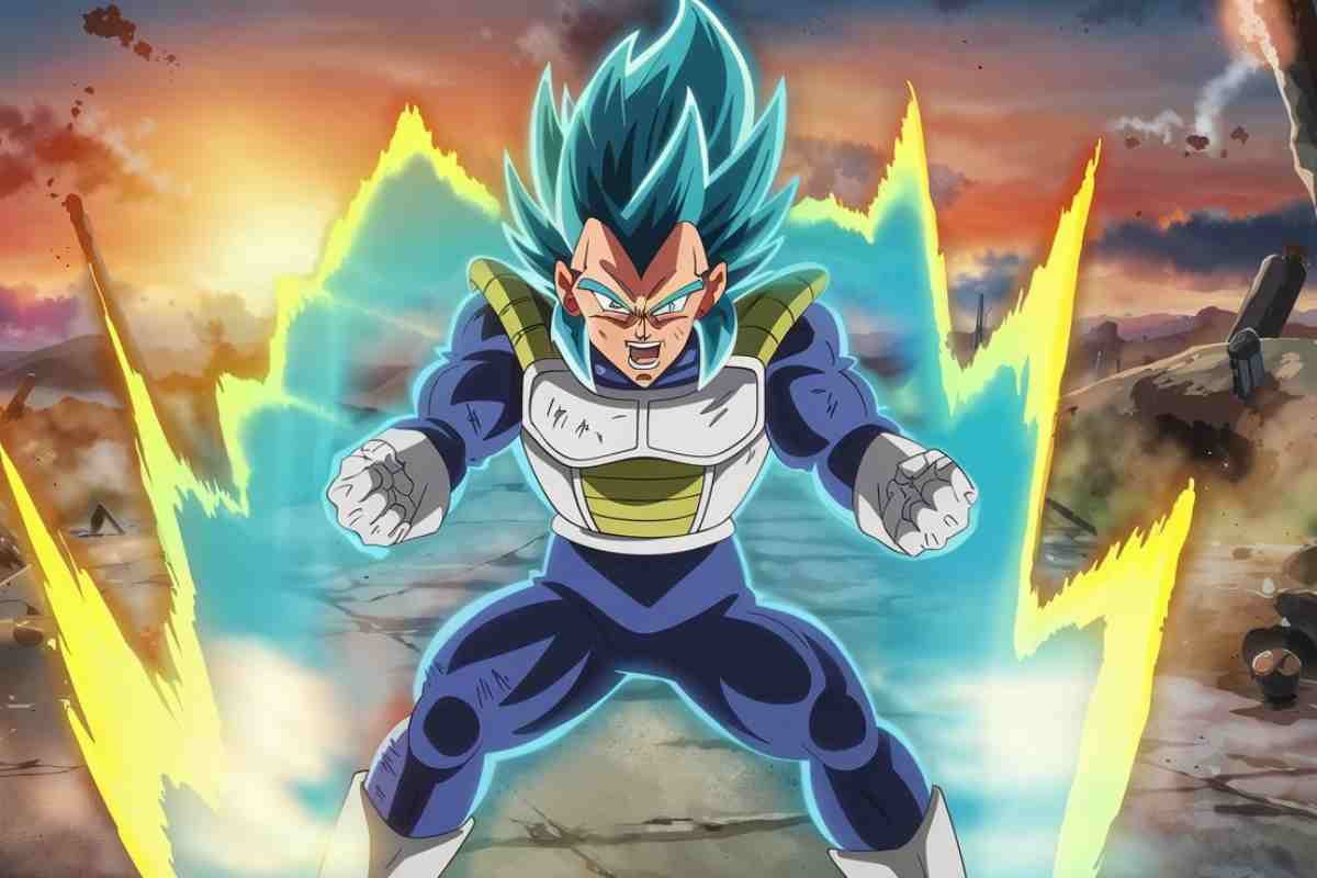 Dragon ball daima episode 12 powerful anime warrior glowing with energy in a battle-scarred landscape.