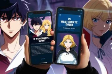 Hands holding two smartphones displaying a "Is webtoonxyz down" message.