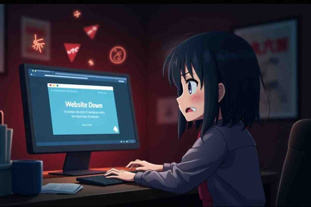 Shocked girl looking at a "Website Down" error on her computer screen.