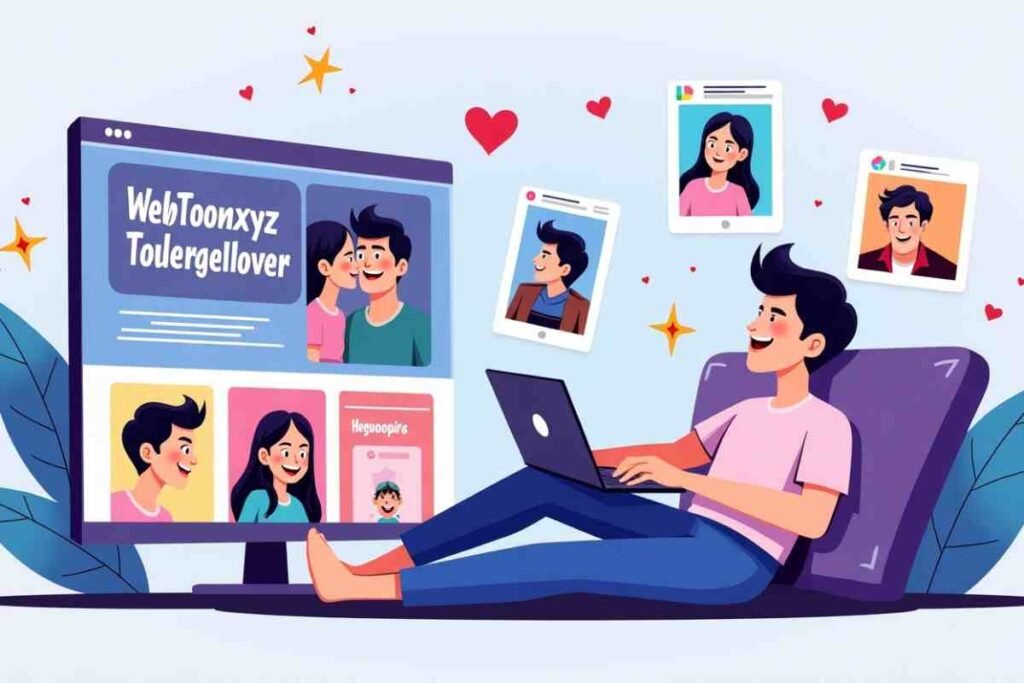 Boy reading webtoons on Webtoonxyz with comic characters around.