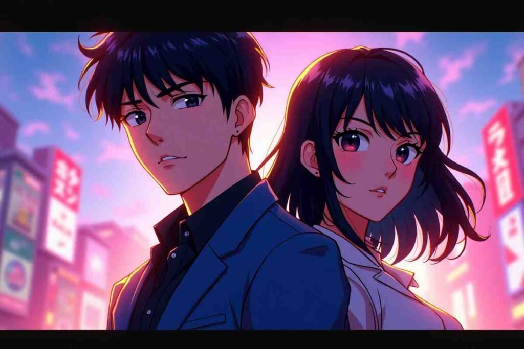 WebtoonXYZ couple standing back-to-back in a neon-lit cityscape.