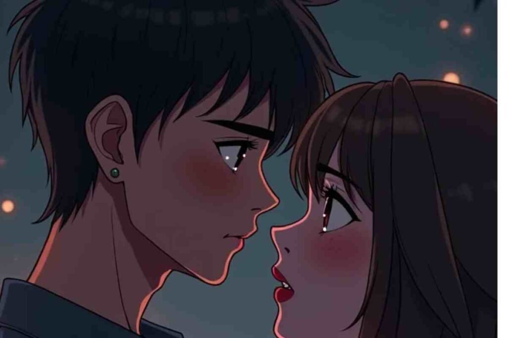 Anime couple sharing a romantic gaze under the night sky