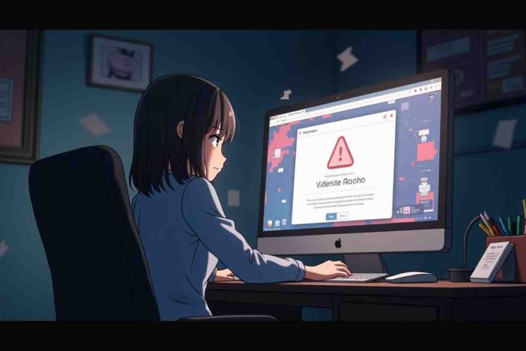 Girl in a dark room staring at a computer screen with an error warning.