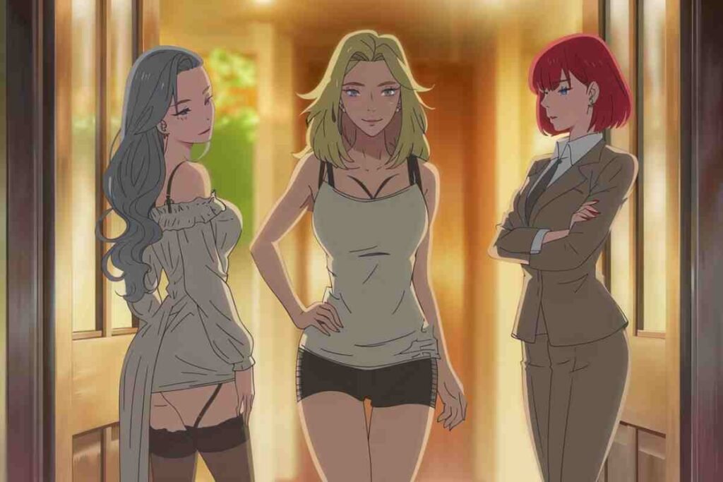 Three stylish anime women standing confidently in a warm-lit hallway.