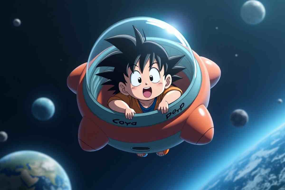 Young Goku in space pod, Earth visible below.