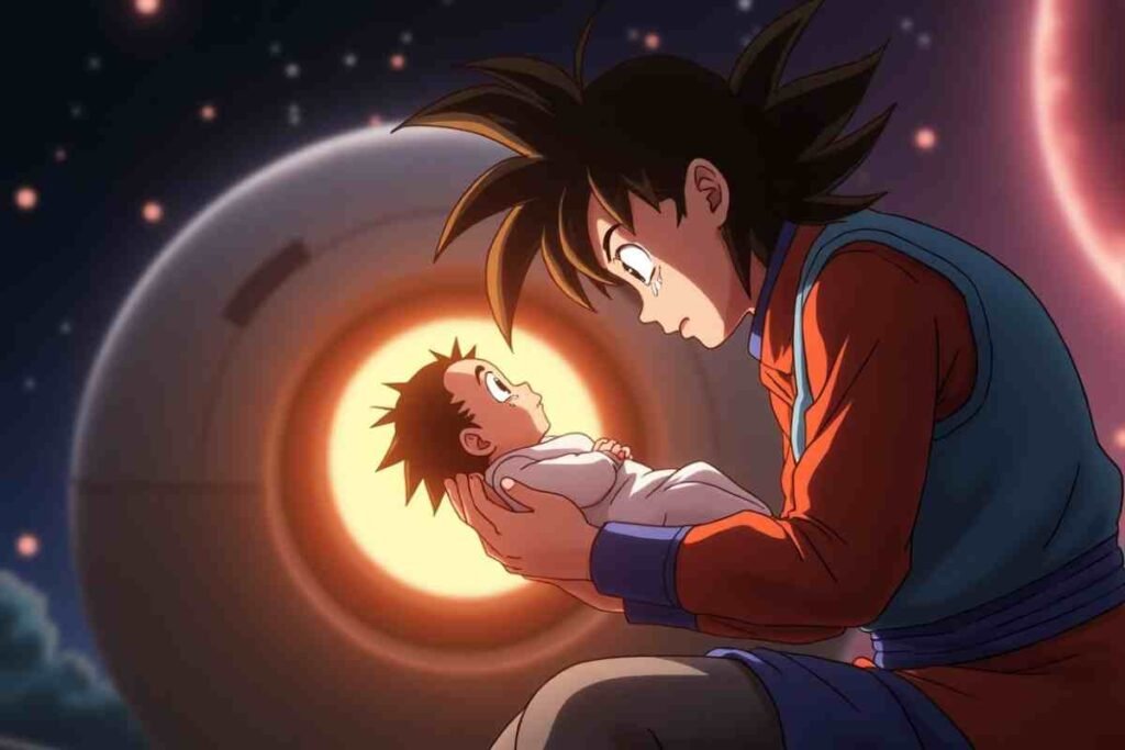 Goku holding baby Gohan in space, glowing background.