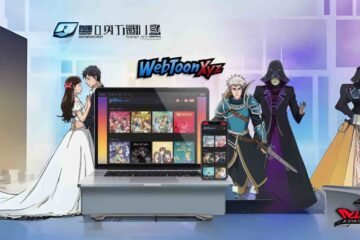 Webtoonxyz website displayed on laptop and mobile with anime characters around.