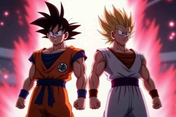 Goku and his alternate version, red aura, Dragon Ball Super Chapter 104 scene.