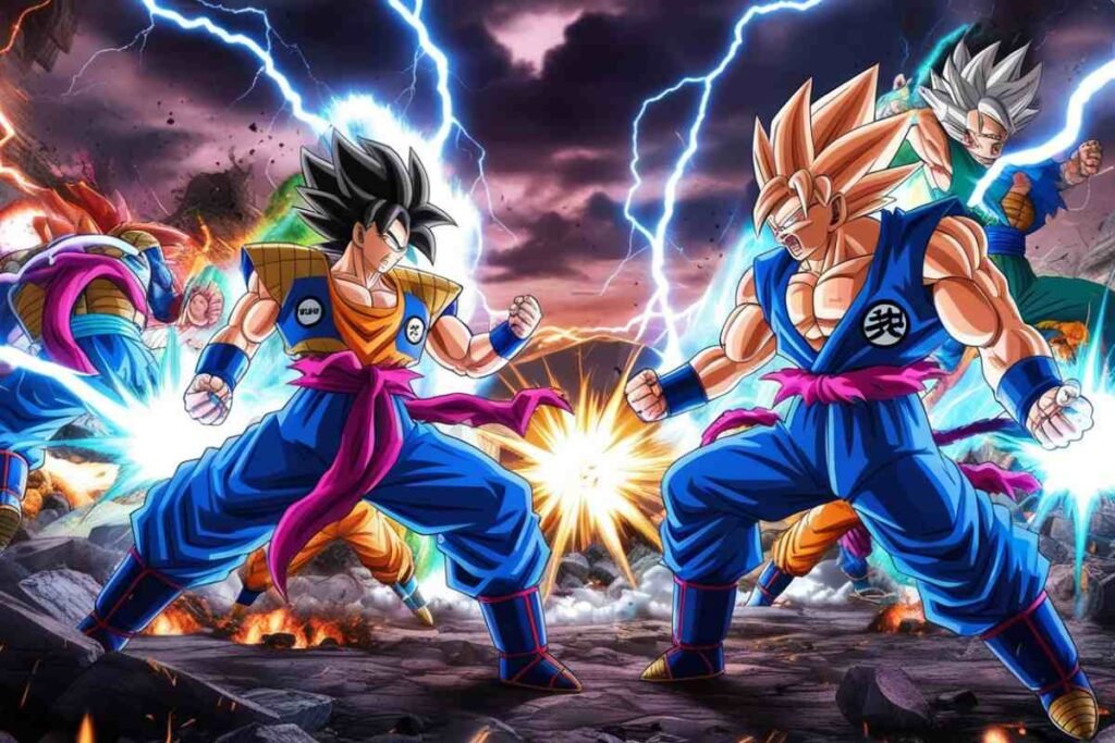 Goku clash, different forms, intense Dragon Ball Super scene.