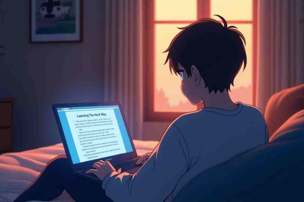 Anime boy using a laptop while sitting on his bed in a dimly lit room.