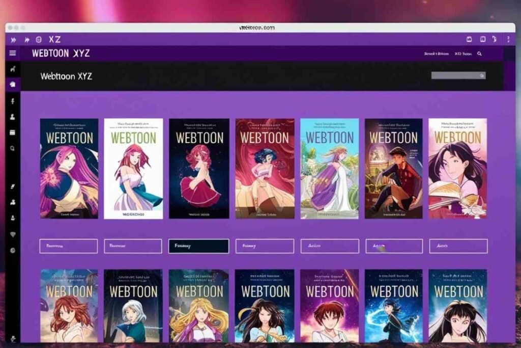 Webtoon XYZ homepage showcasing a variety of romance, fantasy, and action webtoons with vibrant covers.