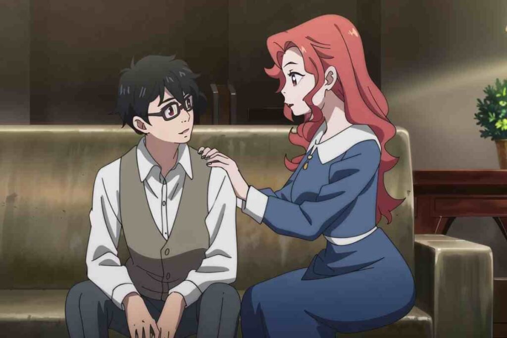 Anime couple sharing a heartfelt conversation on a cozy sofa.