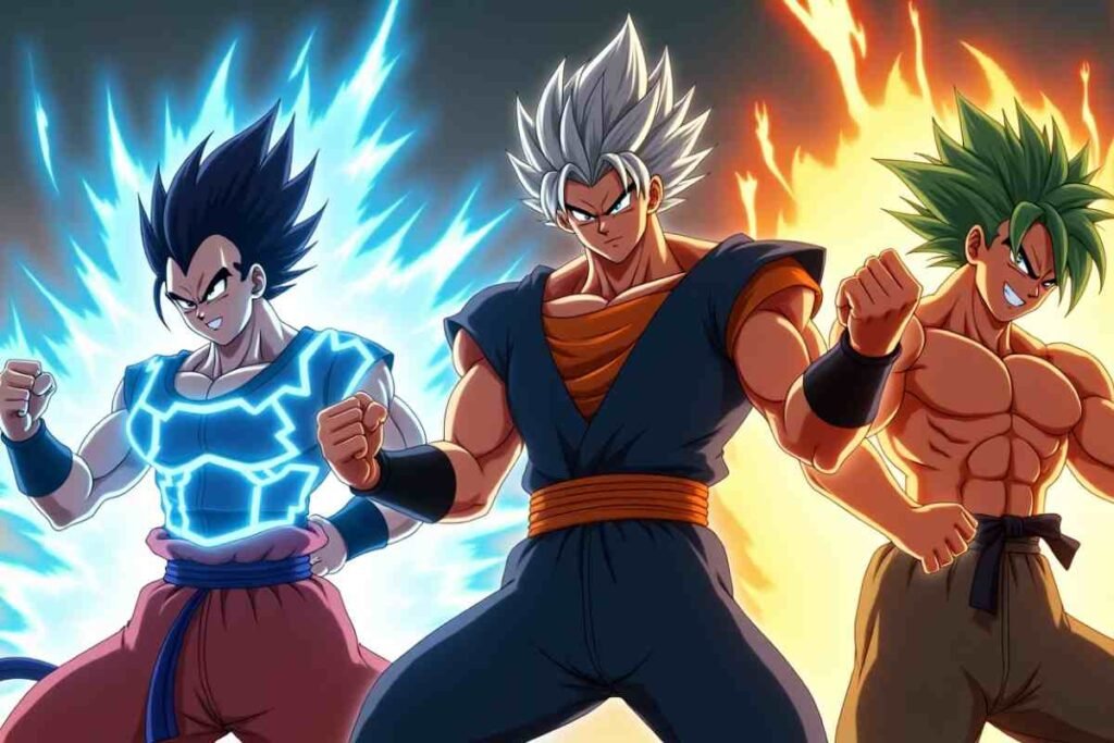Dragon Ball characters with blue, silver, green hair, ready to fight.